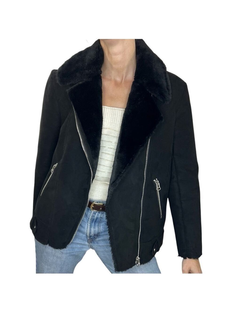 Black minimalist scandi style faux suede fur moto bomber jacket 6